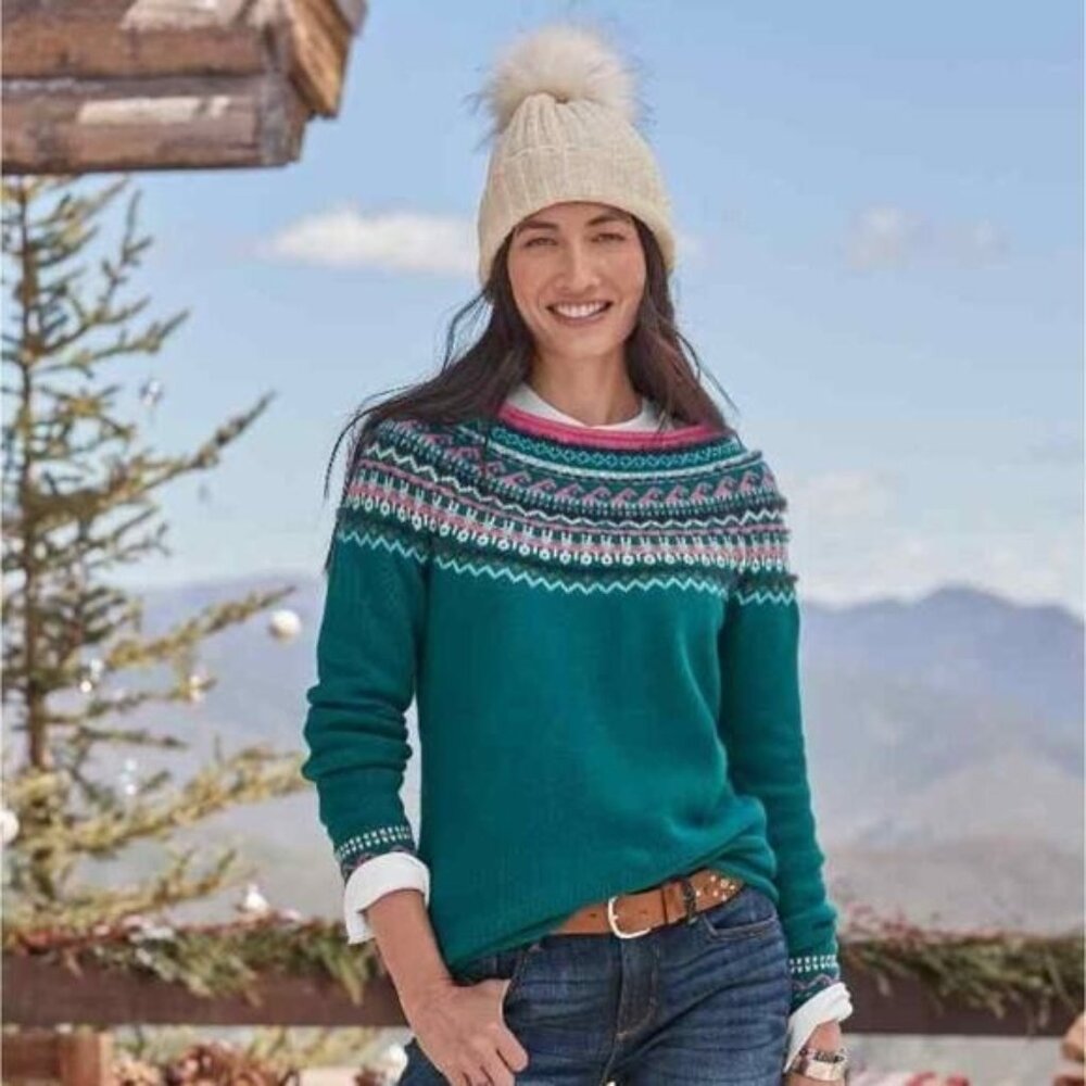 Sundance Fair Isle Fable Sweater Pullover Wool Cotton Wmn M Teal Pink LS